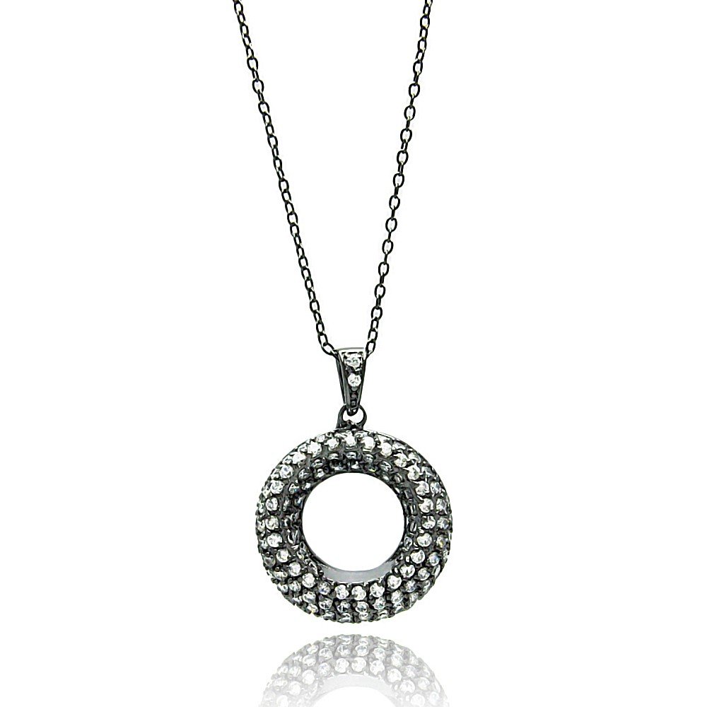 Sterling Silver Black Rhodium Plated Necklace with Paved Clear Czs Open Circle PendantAnd Chain Length of 16  AdjustableAnd Pendant Dimensions: 28.4MMx20.6MM