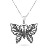 Sterling Silver Oxidized Beaded Butterfly Pendant Necklace