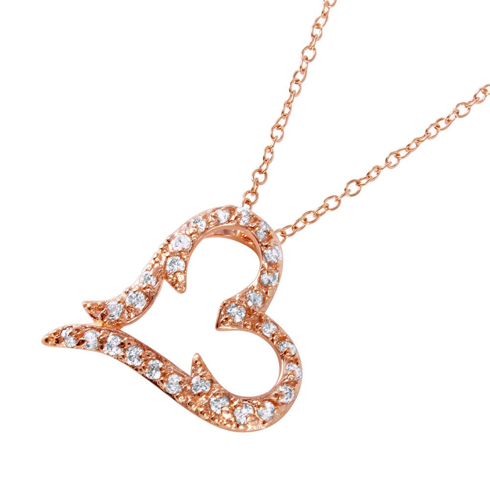 Sterling Silver Rose Gold Plated Necklace with Sideways Micro Pave Open Heart PendantAnd Spring Clasp ClosureAnd Length of 16  with 2