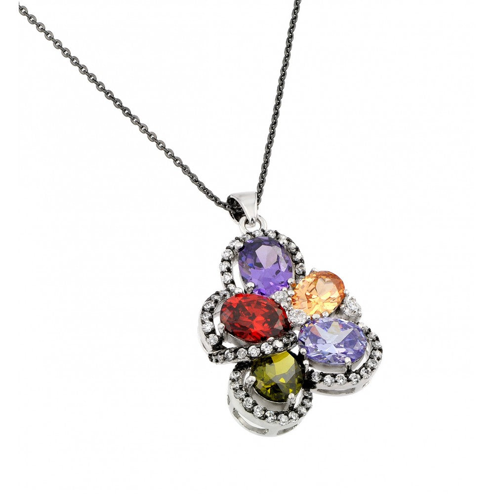 Sterling Silver Rhodium Plated Multi Colored Flower CZ Necklace