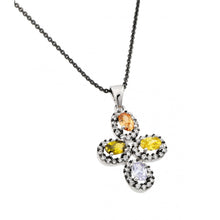 Load image into Gallery viewer, Sterling Silver Rhodium Plated Multi Colored Flower Black And Clear CZ Necklace