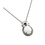 Sterling Silver Black Rhodium Plated Necklace Fancy Pendant Centered with Oval White Stone and Halo Set with Clear Czs with Marquise Cut Flower Shaped Design On TopAnd Chain Length of 18 And Pendant Dimen