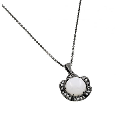 Sterling Silver Black Rhodium Plated Necklace Elegant Pendant Centered with Round White Stone and Halo Set with Clear CzsAnd Chain Length of 18  AdjustableAnd Pendant Diameter: 17.2MM