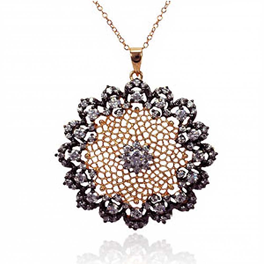 Sterling Silver Rose Gold Plated Necklace with Two-Toned Filigree Flower Set with Black and Clear Czs PendantAnd Chain Length of 16 -18  AdjustableAnd Pendant Diameter: 37MM