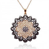 Sterling Silver Rose Gold Plated Necklace with Two-Toned Filigree Flower Set with Black and Clear Czs PendantAnd Chain Length of 16 -18  AdjustableAnd Pendant Diameter: 37MM