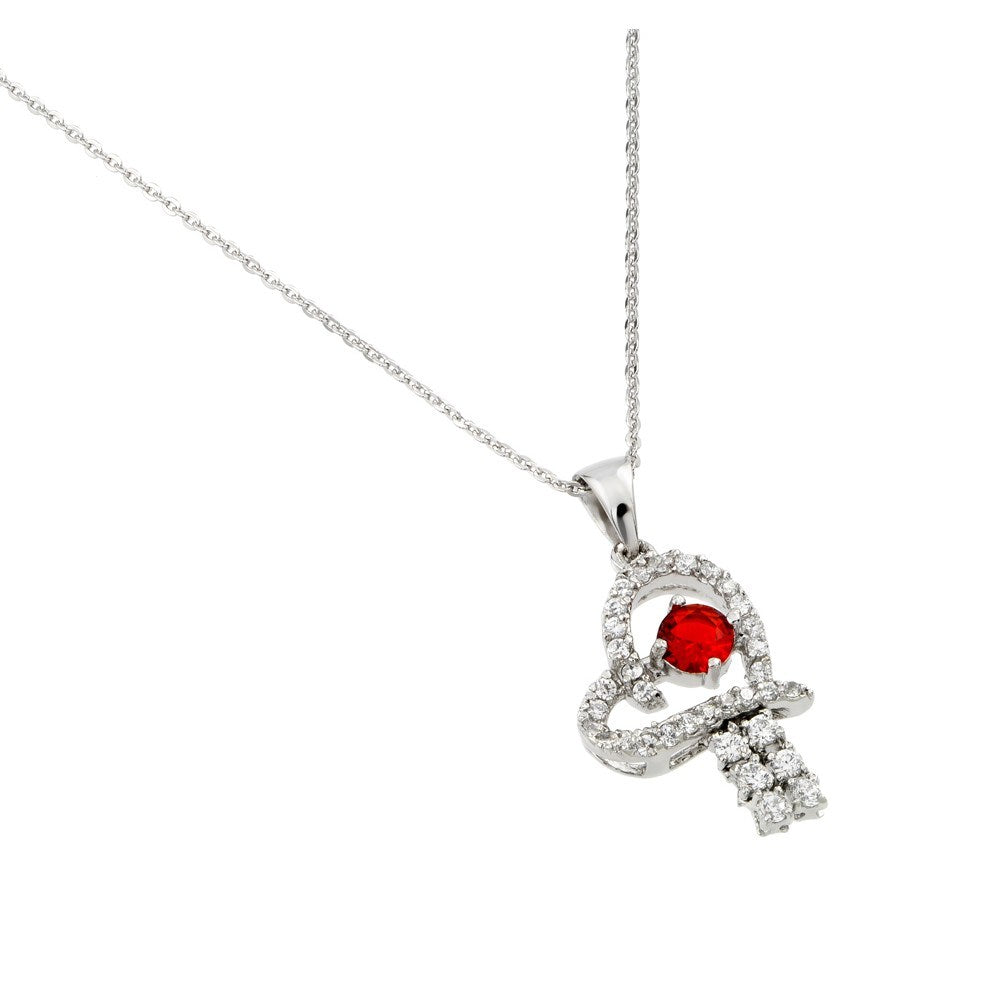 Sterling Silver Rhodium Plated Red CZ Heart Pendant Necklace