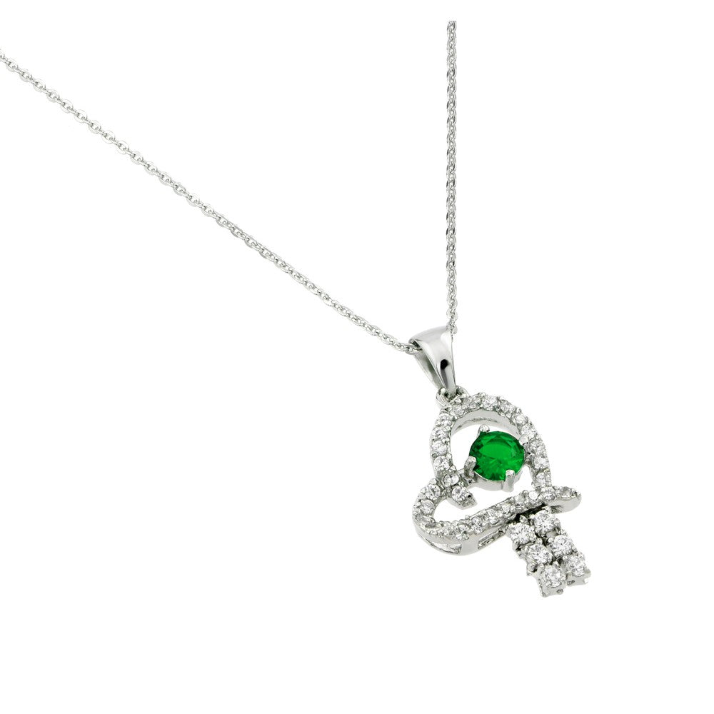 Sterling Silver Rhodium Plated Heart Shaped Pendant With Green And Clear CZ