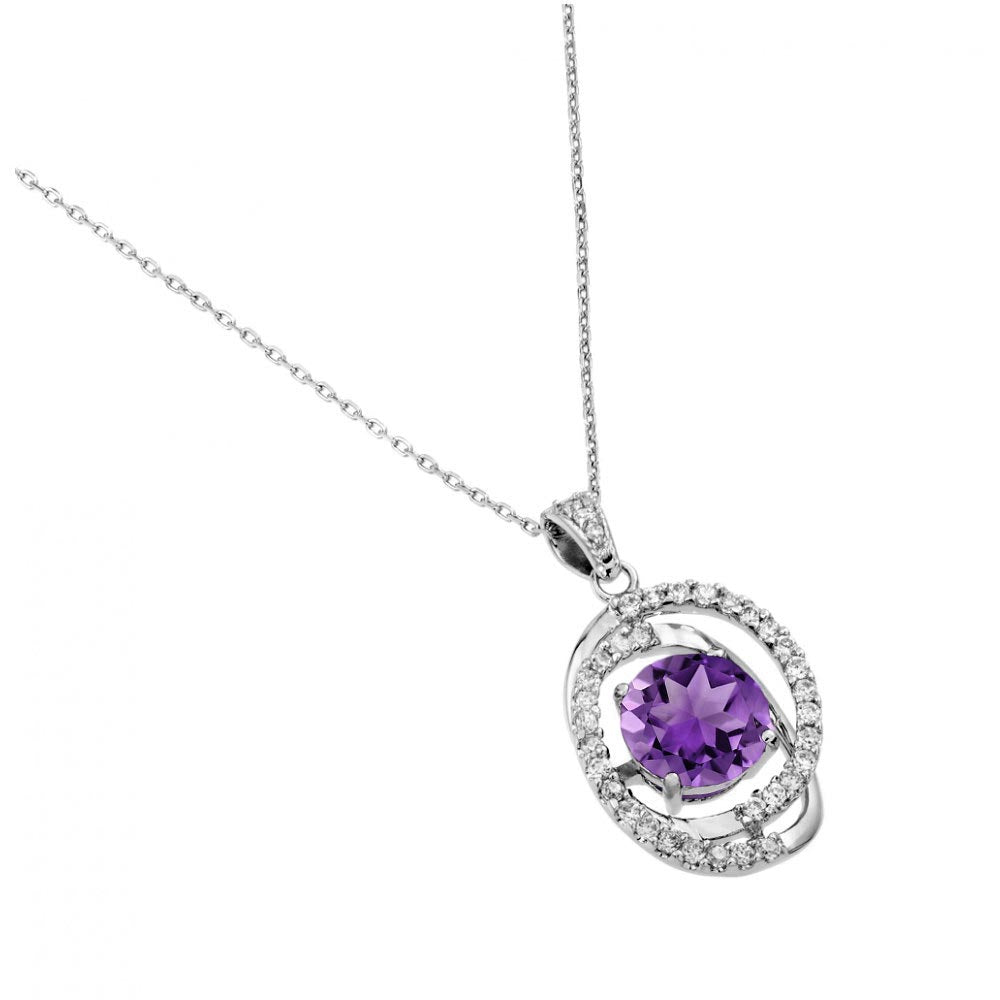 Sterling Silver Rhodium Plated Round Cut Pendant With Purple And Clear CZ