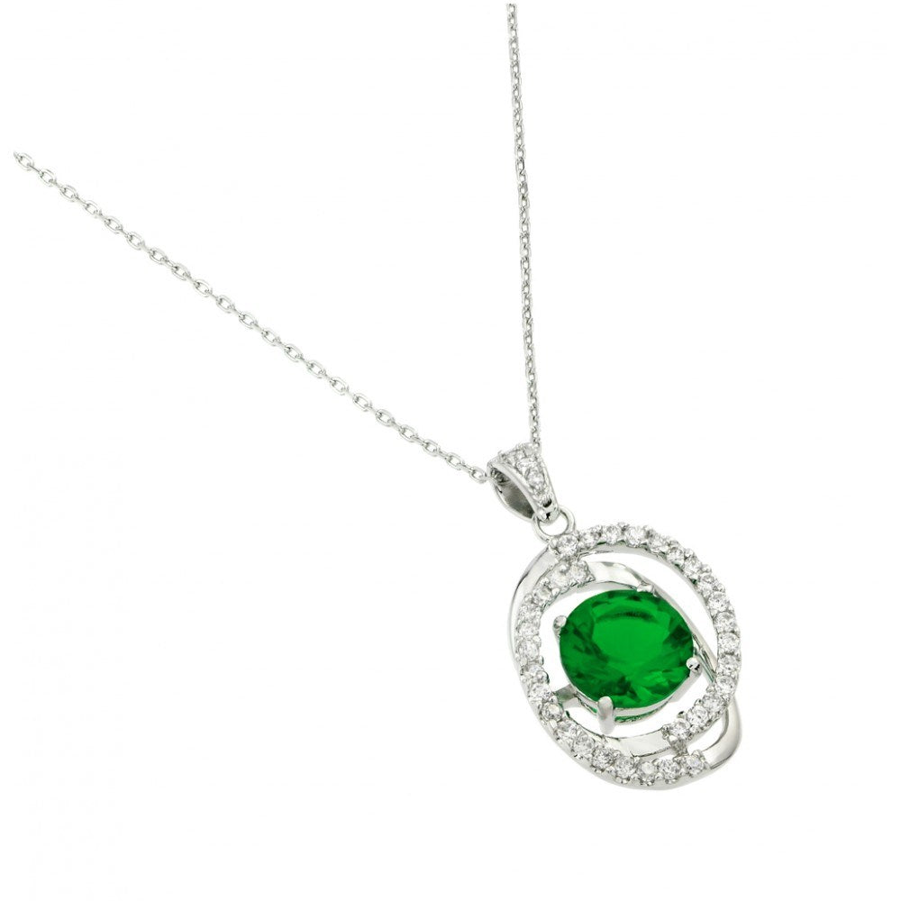 Rhodium Plated Sterling Silver Necklace with Clear CZ and Round Cut Green Stone PendantAnd Chain Length of 16  Plus 1  Extension