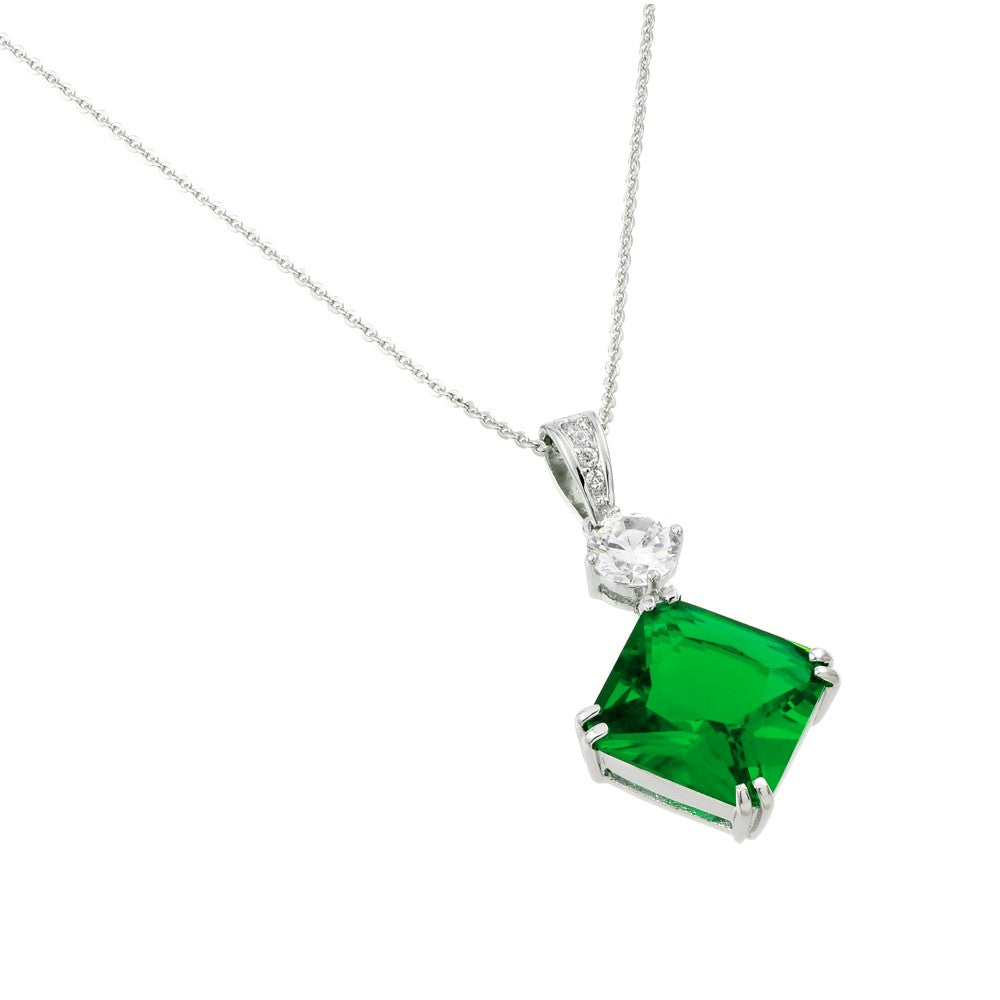 Sterling Silver Rhodium Plated Square Shaped Pendant With Green And Clear CZ