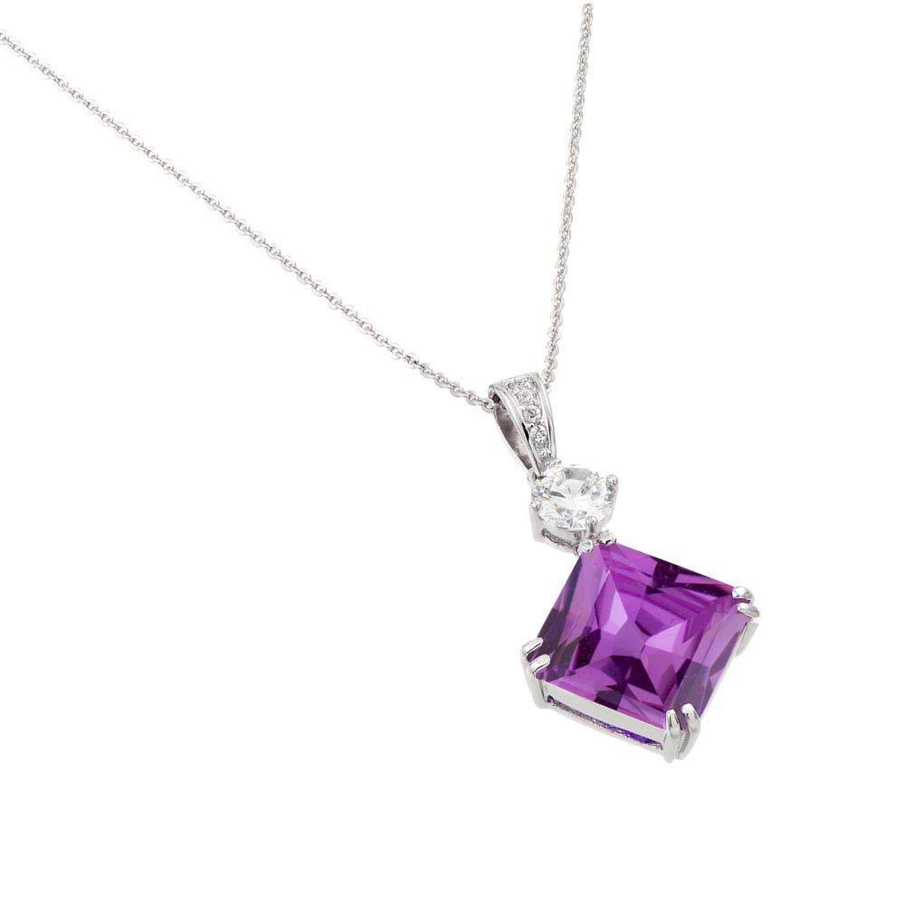 Sterling Silver Rhodium Plated Square Shaped Pendant With Purple And Clear CZ