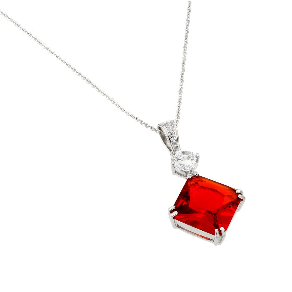 Sterling Silver Rhodium Plated Square Shaped Pendant With Red And Clear CZ