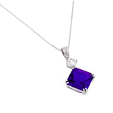 Rhodium Plated Sterling Silver Square Purple CZ Pendant with Round Cut Clear CZ stone NecklaceAnd Chain Length of 16  Plus 1  Extension