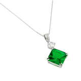 Rhodium Plated Sterling Silver Square Green CZ Pendant with Round Cut Clear CZ stone NecklaceAnd Chain Length of 16  Plus 1  Extension