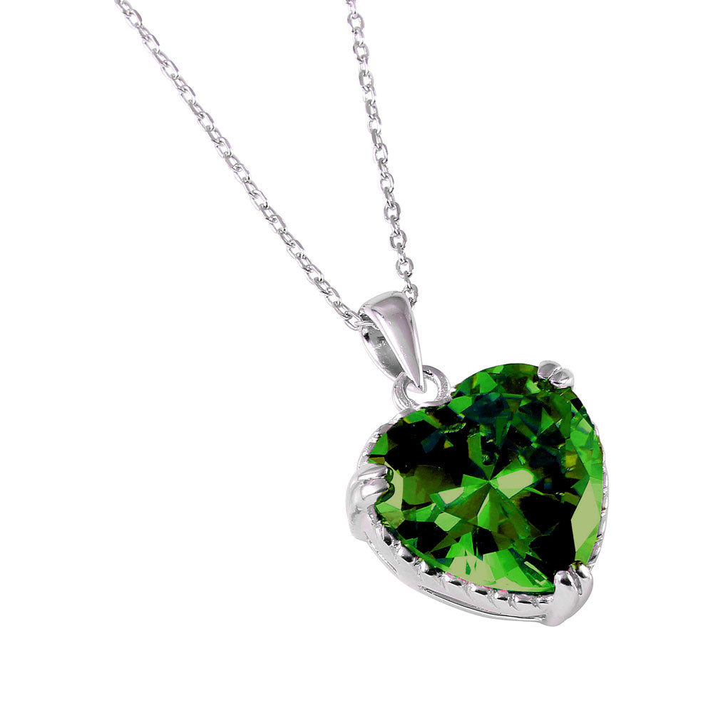 Sterling Silver Rhodium Plated Heart Shaped Rope Necklace With Green CZ