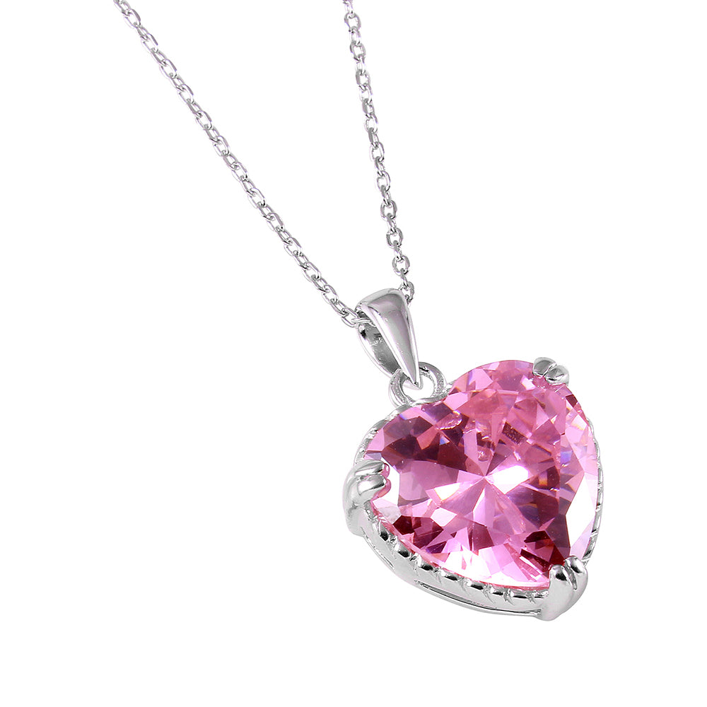 Sterling Silver Rhodium Plated Heart Shaped Rope Necklace With Pink CZ