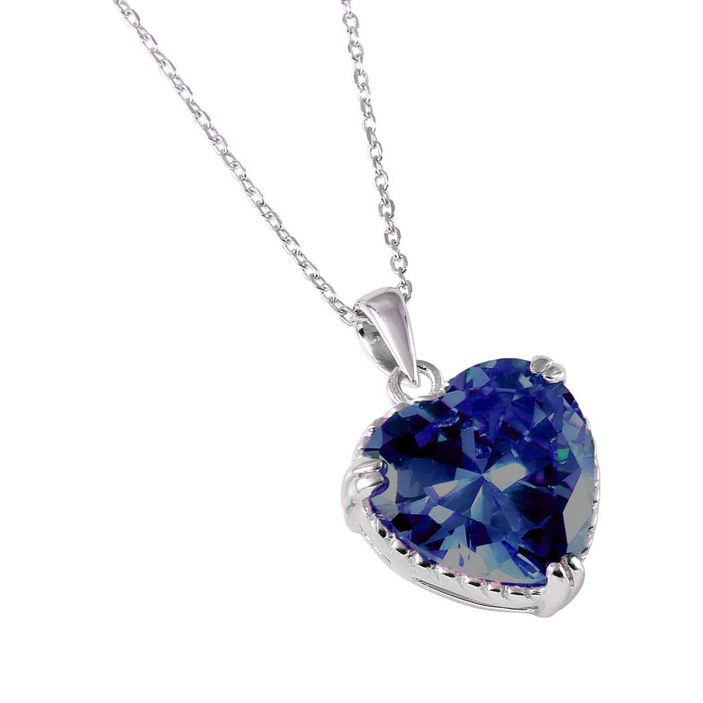 Rhodium Plated Sterling Silver Necklace with Heart Shaped Blue CZ Pendant Surrounded by Rope DesignAnd Chain Length of 16  Plus 2  Extension
