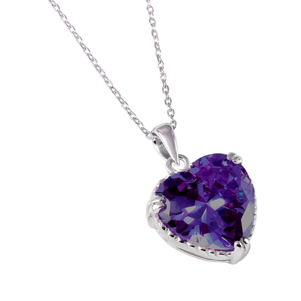 Rhodium Plated Sterling Silver Necklace Heart Shaped Purple CZ Pendant Surrounded by Rope DesignAnd Chain Length of 16  Plus 2  Extension
