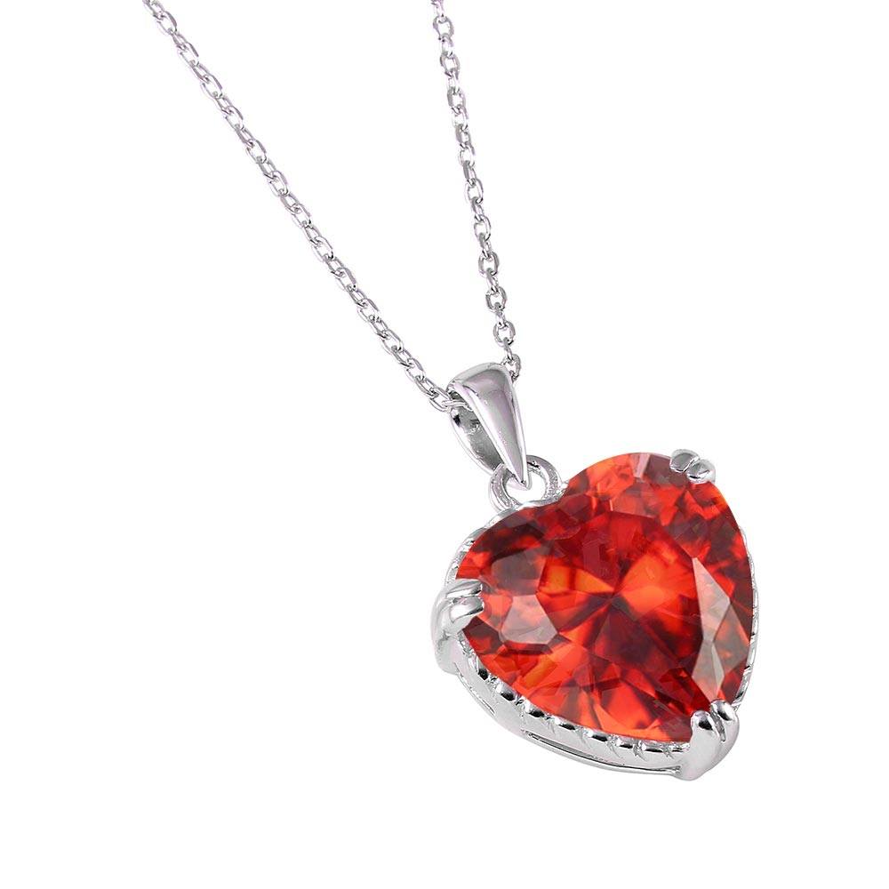 Rhodium Plated Sterling Silver Necklace with Heart Shaped Red CZ Pendant Surrounded by Rope DesignAnd Chain Length of 16  Plus 2  Extension
