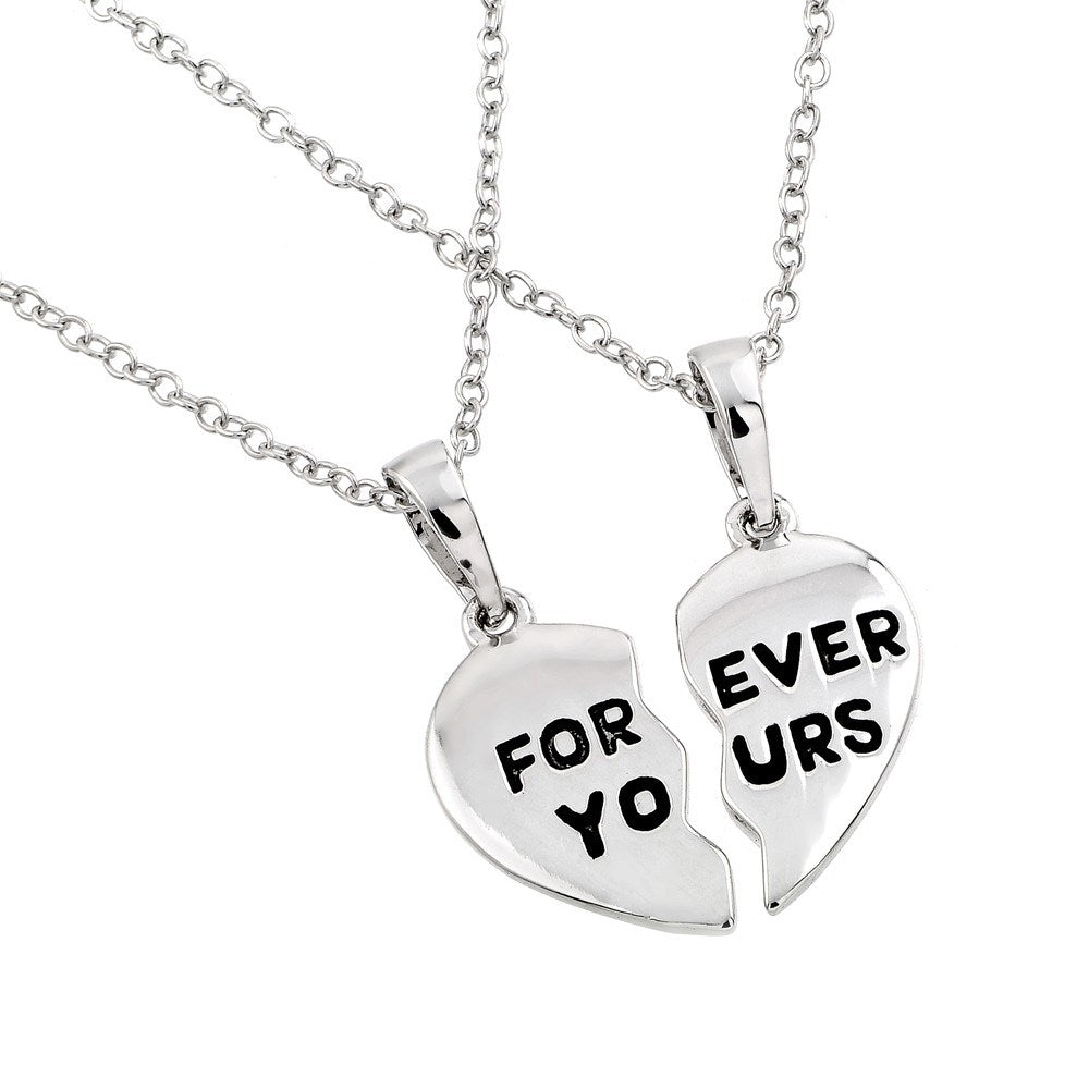 Sterling Silver Two Necklace with Heart Pieces Pendant Engraved with  Forever Yours And Chain Length of 16 -18  AdjustableAnd Pendant Dimensions: 21.4MMx8.5MM