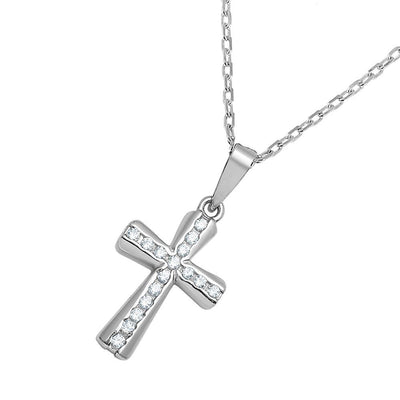 Sterling Silver Rhodium Plated Cross CZ Inlay Necklace