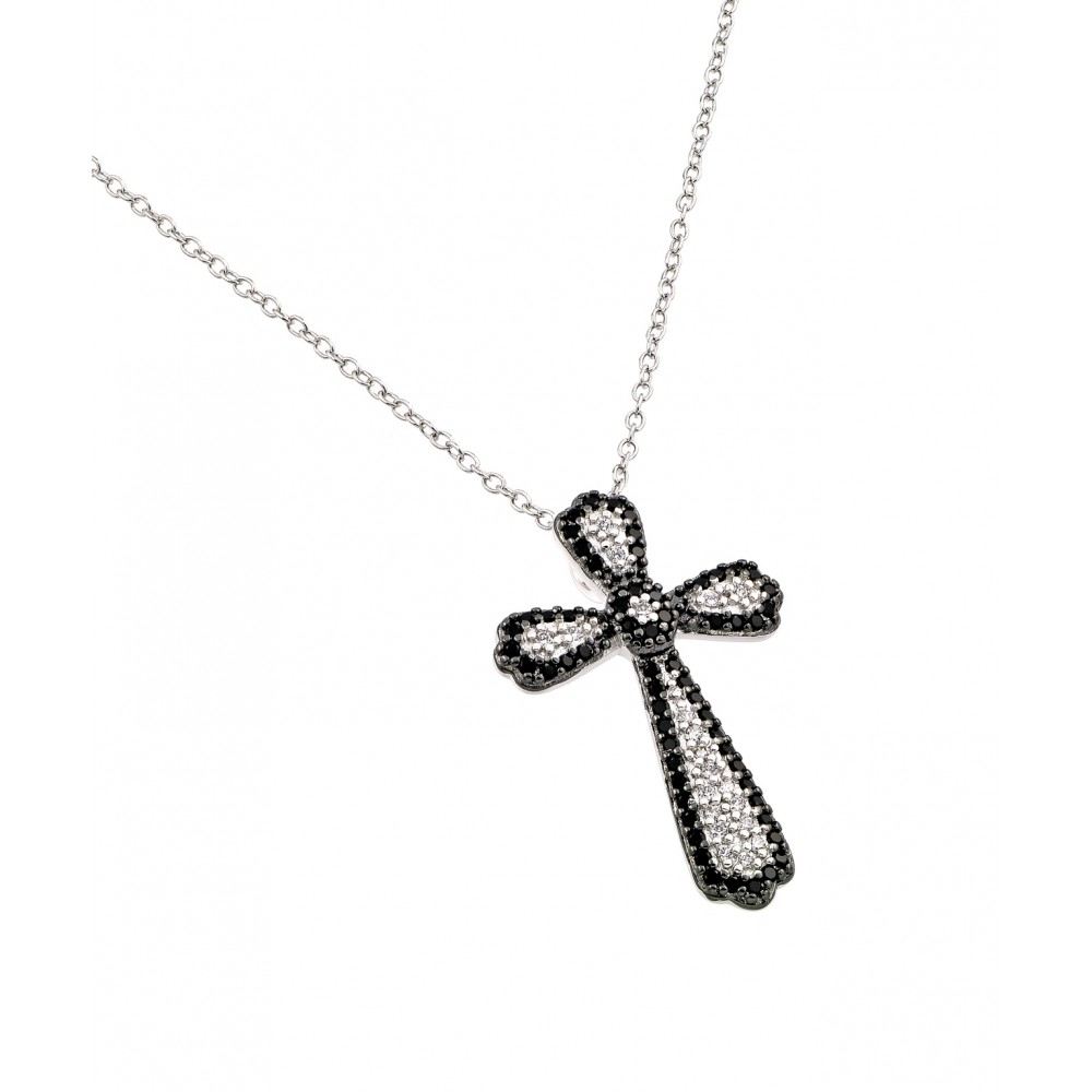 Sterling Silver Necklace with Fancy Paved Black and Clear Czs Cross PendantAnd Chain Length of 16 -18  adjustableAnd Pendant Dimensions: 29.4MMx18.8MM