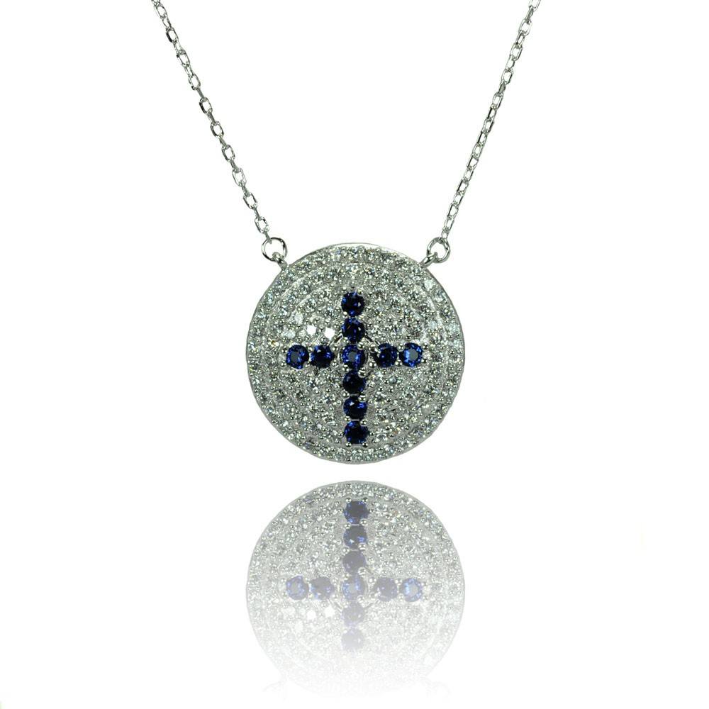 Sterling Silver Rhodium Plated Disc Blue Cross CZ Inlay Necklace