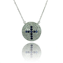 Load image into Gallery viewer, Sterling Silver Rhodium Plated Disc Blue Cross CZ Inlay Necklace