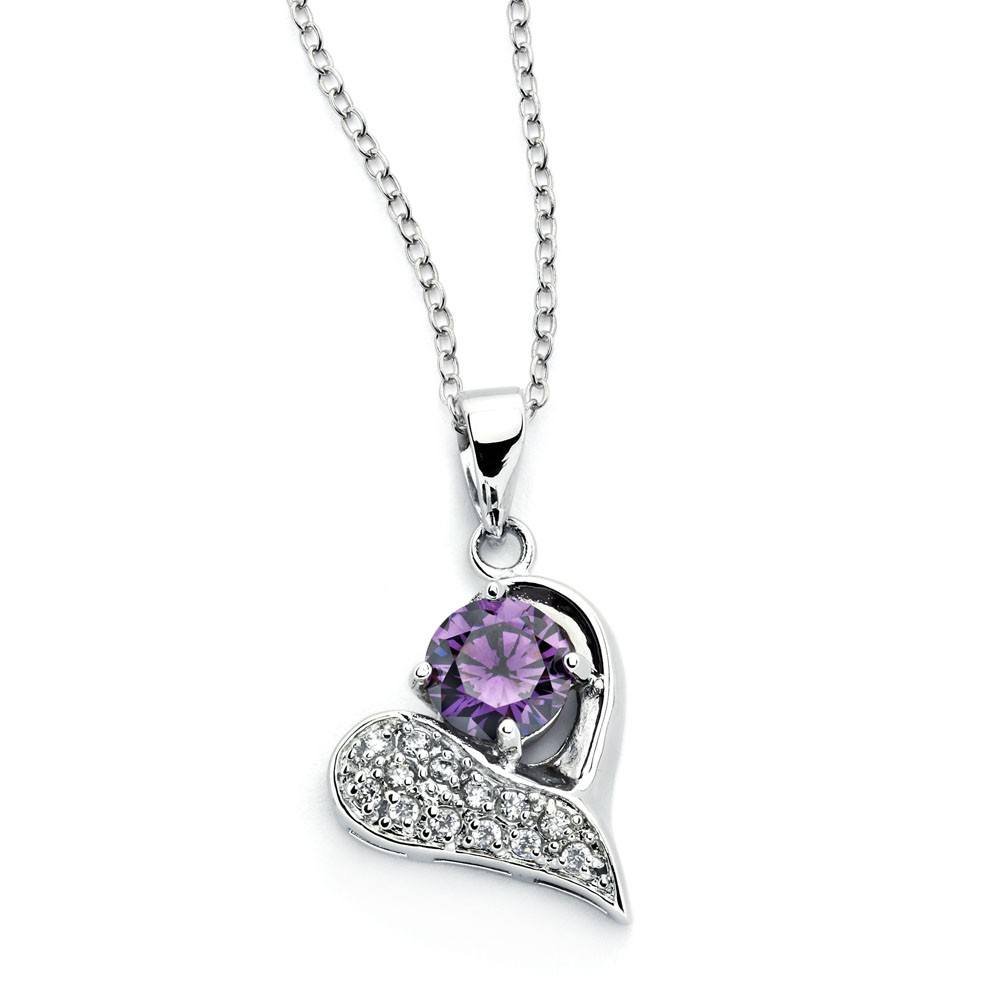 Sterling Silver Necklace with Classy Heart Inlaid with Clear Czs and Set with Round Cut Amethyst Cz PendantAnd Chain Length of 16 -18 And Pendant Dimensions: 20MMx18MM