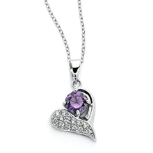 Load image into Gallery viewer, Sterling Silver Necklace with Classy Heart Inlaid with Clear Czs and Set with Round Cut Amethyst Cz PendantAnd Chain Length of 16 -18 And Pendant Dimensions: 20MMx18MM