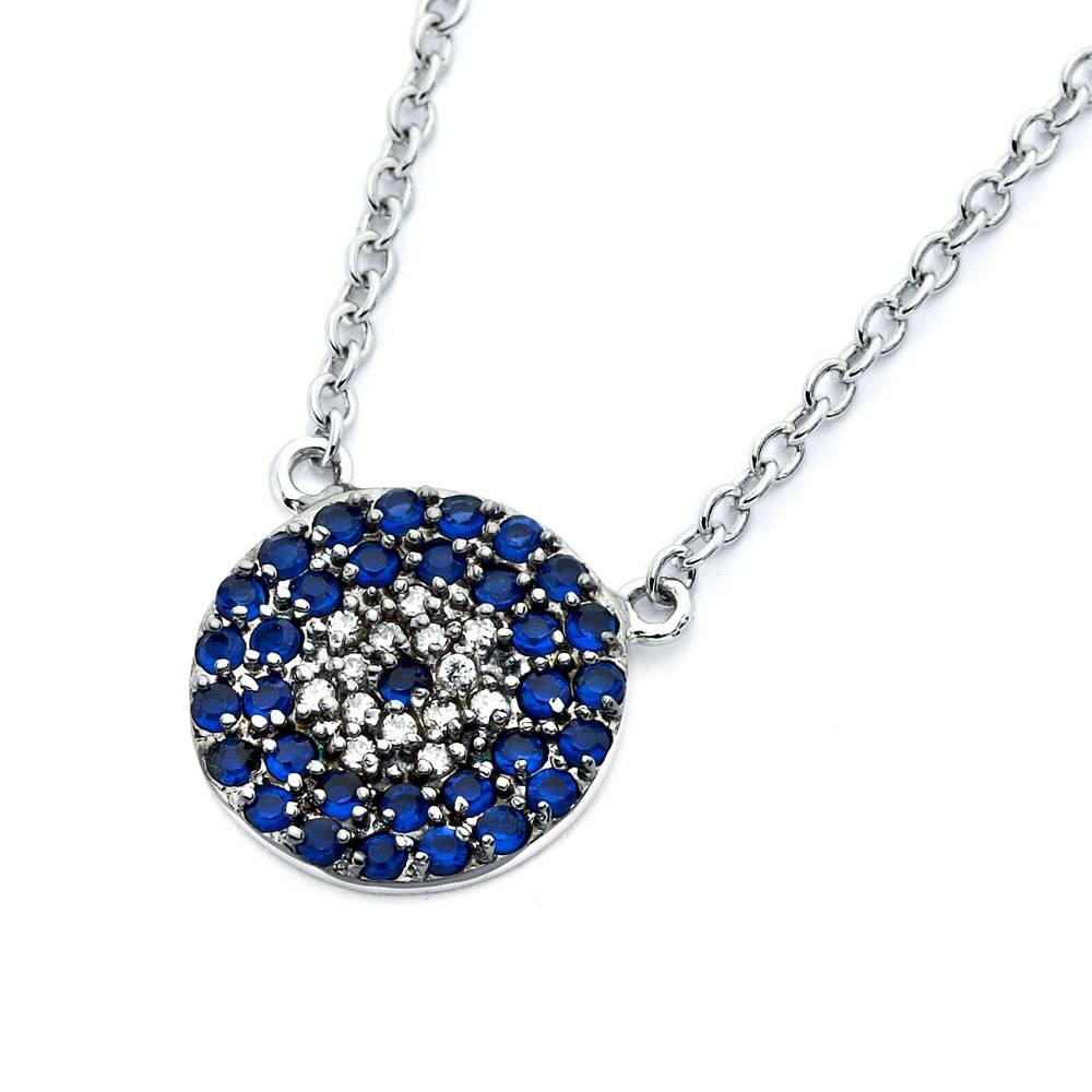 Sterling Silver Necklace with Round Paved Blue and Clear Czs Evil Eye PendantAnd Pendant Dimensions of 13MMx13MM