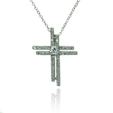 Load image into Gallery viewer, Sterling Silver Rhodium Plated Double Cross Center Circle CZ Necklace