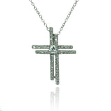 Sterling Silver Rhodium Plated Double Cross Center Circle CZ Necklace