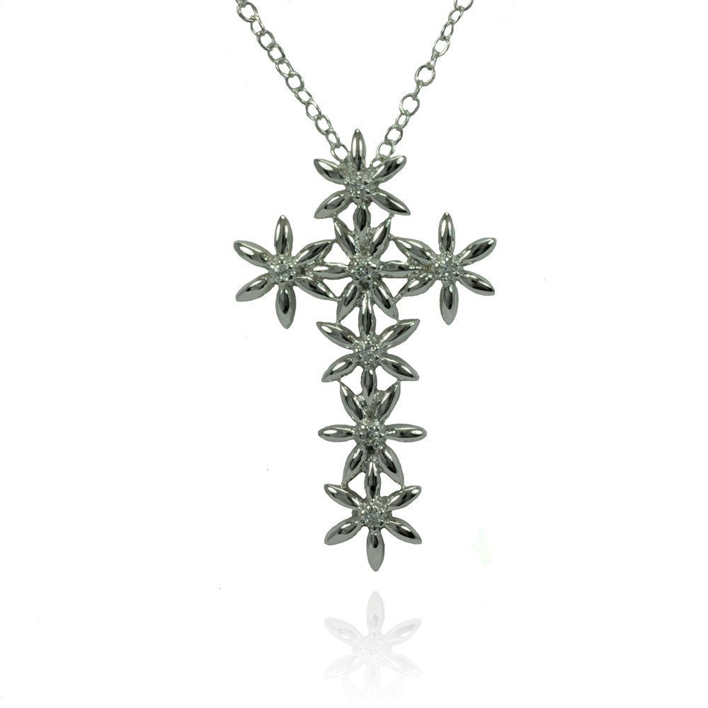 Sterling Silver Rhodium Plated Flower Cross CZ Inlay Necklace