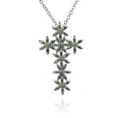 Sterling Silver Rhodium Plated Flower Cross CZ Inlay Necklace