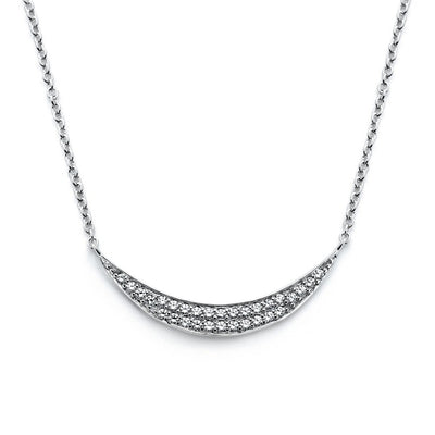 Sterling Silver Rhodium Plated Necklace with Sideways Crescent Moon Inlaid with Paved Clear Czs PendantAnd Chain Length of 16 -18  Adjustable