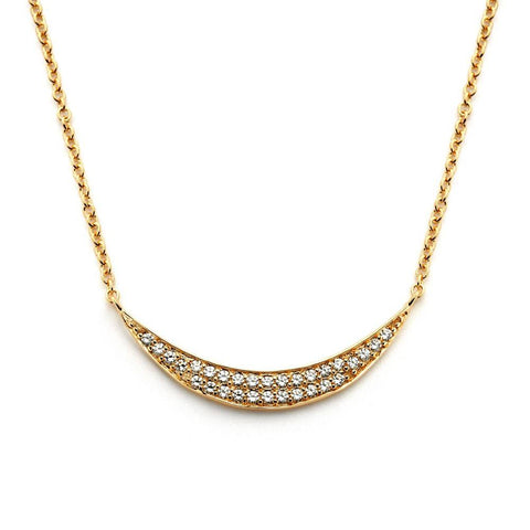 Sterling Silver Gold Plated Necklace with Sideways Crescent Moon Inlaid with Paved Clear Czs PendantAnd Chain Length of 16 -18  Adjustable