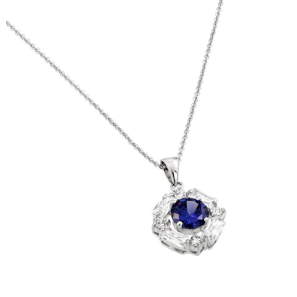 Sterling Silver Necklace with Elegant Pendant Solitaire Round Cut Blue Sapphire Cz on Center and Halo Prong Set with Straight Baguette and Round Cut Clear CzAnd Chain Length of 16 -18  AdjustableAnd Penda