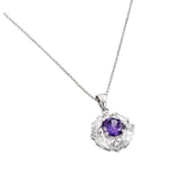 Sterling Silver Necklace with Elegant Pendant Solitaire Round Cut Amethyst Cz on Center and Halo Prong Set with Straight Baguette and Round Cut Clear CzAnd Chain Length of 16 -18  AdjustableAnd Pendant Di