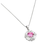 Sterling Silver Necklace with Elegant Pendant Solitaire Round Cut Pink Cz on Center and Halo Prong Set with Straight Baguette and Round Cut Clear CzAnd Chain Length of 16 -18  AdjustableAnd Pendant Dimens