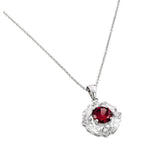 Sterling Silver Necklace with Elegant Pendant Solitaire Round Cut Ruby Cz on Center and Halo Prong Set with Straight Baguette and Round Cut Clear CzAnd Chain Length of 16 -18  AdjustableAnd Pendant Dimens