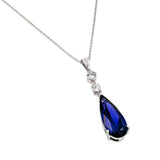 Sterling Silver Necklace with Round Clear Cz Connected with Dangling Solitaire Prong Set with Teardrop Cut Blue Sapphire Cz PendantAnd Chain Length of 16 -18  AdjustableAnd Pendant Dimensions: 10.3MMx46.8