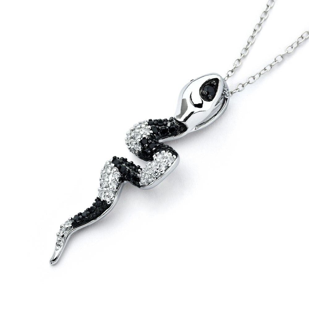 Sterling Silver Necklace with Modish Snake Covered with Clear and Black Czs PendantAnd Pendant Dimensions of 40MMx13MM