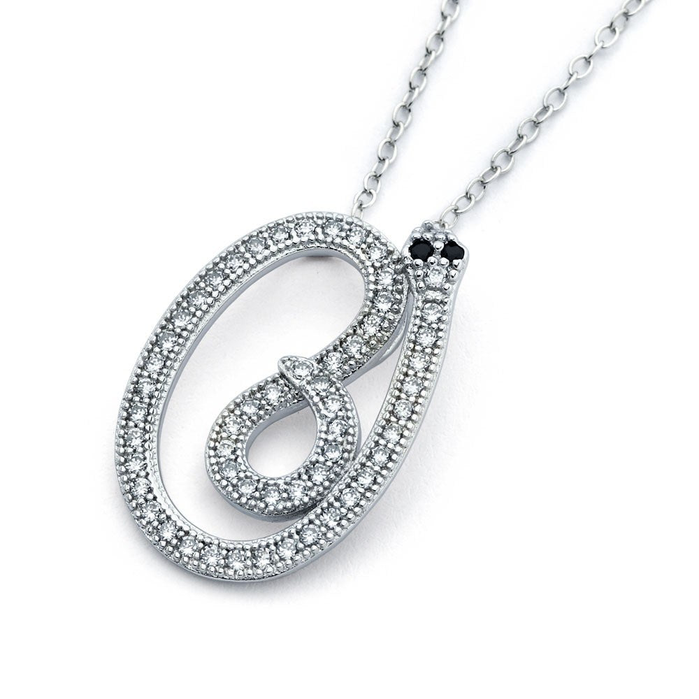 Sterling Silver Necklace with Fancy Paved Snake with Black Cz Eyes PendantAnd Pendant Dimensions of 23MMx15MM