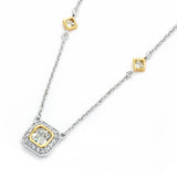 Sterling Silver Classy Necklace with Clear Cz on Gold Plated Bezel Setting and Centered Larger Square Cut Pendant Inlaid with CzsAnd Pendant Dimensions of 12MMx12MM