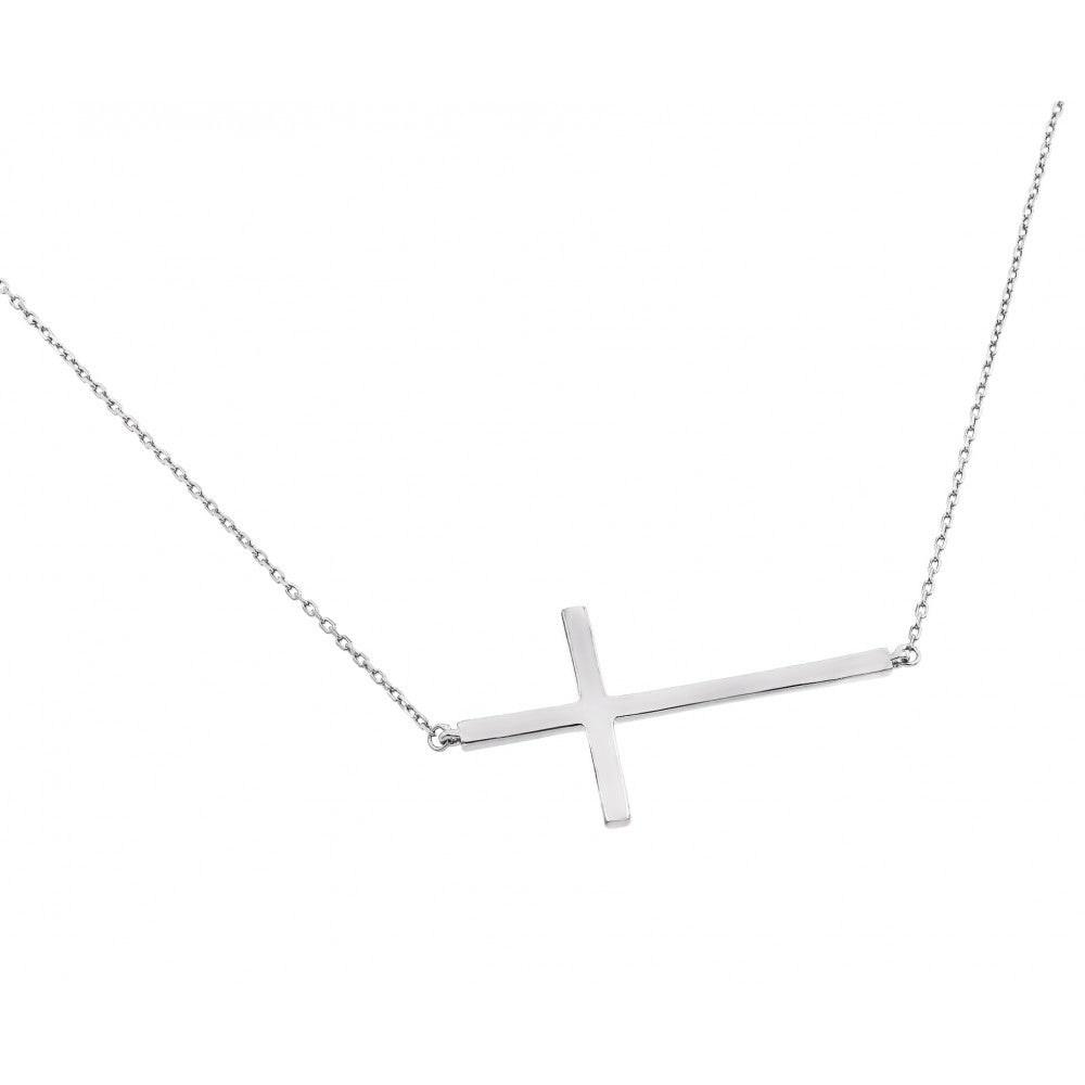 Sterling Silver Rhodium Plated Necklace with Plain Sideways Solid Cross PendantAnd Chain Length of 29 And Cross Dimensions: 39.7MMx20.8MM
