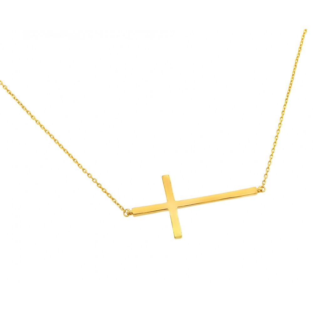 Sterling Silver Gold Plated Necklace with Plain Sideways Solid Cross PendantAnd Chain Length of 29 And Cross Dimensions: 39.7MMx20.8MM