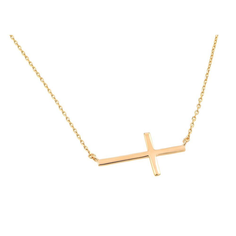 Sterling Silver Gold Plated Plain Sideways Solid Cross Pendant Necklace
