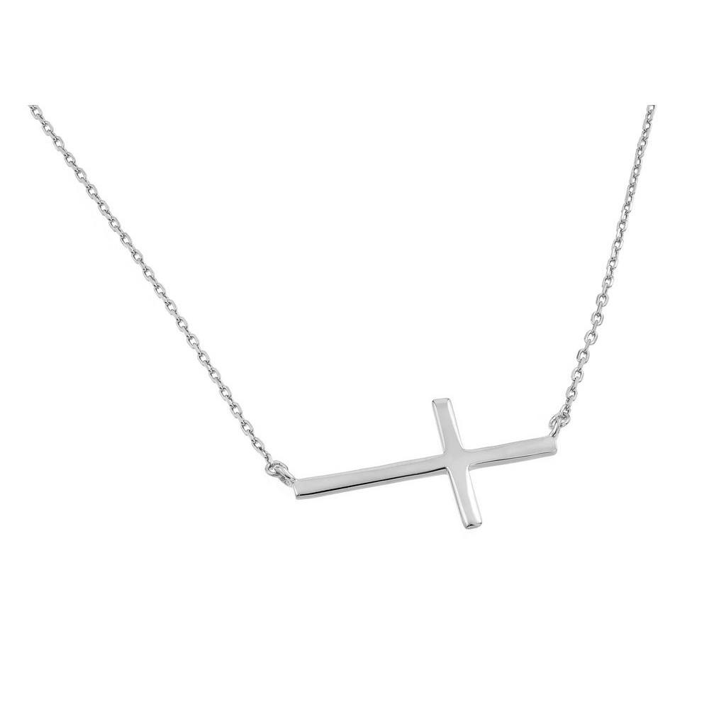 Sterling Silver Rhodium Plated Plain Sideways Solid Cross Pendant Necklace