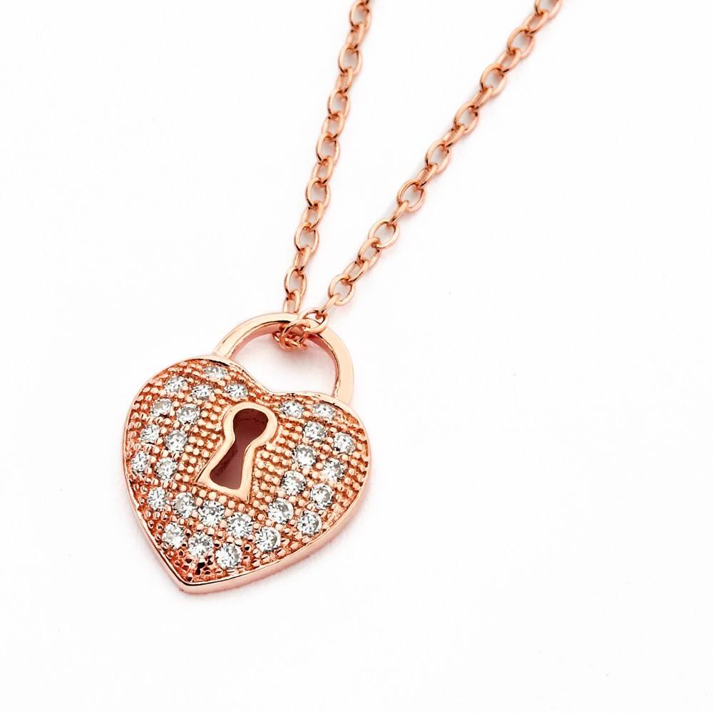 Sterling Silver Rose Gold Plated Necklace with Trendy Heart Lock Inlaid with Clear Czs PendantAnd Pendant Dimensions of 14MMx12MM